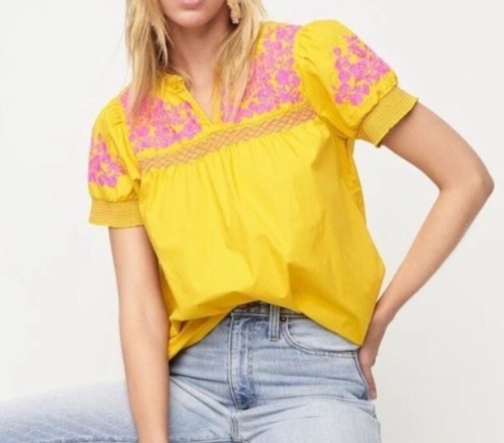 J. Crew Short Puff Sleeve Embroidered Cotton Poplin Blouse Top Yellow Pink Small